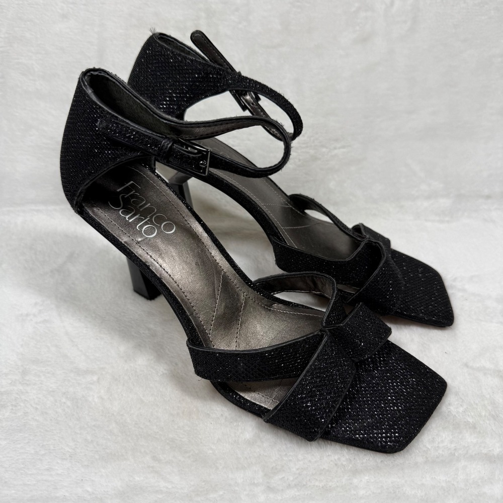 Franco Sarto Black Glitter Square Toe Strappy Ankle Strap Sandals Heels 7.5